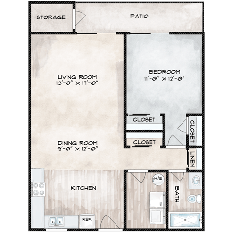 Floor plan for 1 bed, 1 bath, 780 sqft